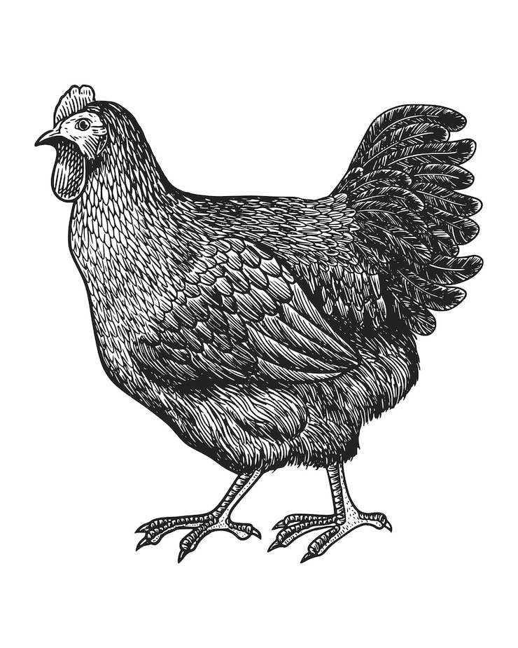 Vettore illustrazione dell'annata di pollo. gallina vettoriale che vista laterale in piedi. illustrazione dello schizzo degli animali da fattoria.