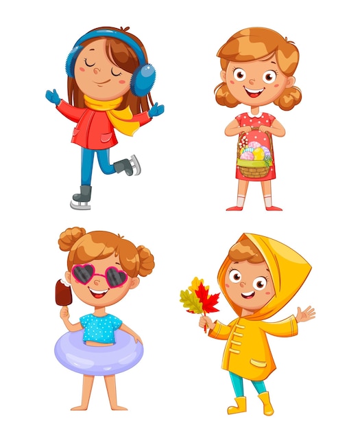 Illustrazione dell'anno stagionale Ragazza carina in quattro stagioni autunno inverno primavera estate Bambina graziosa