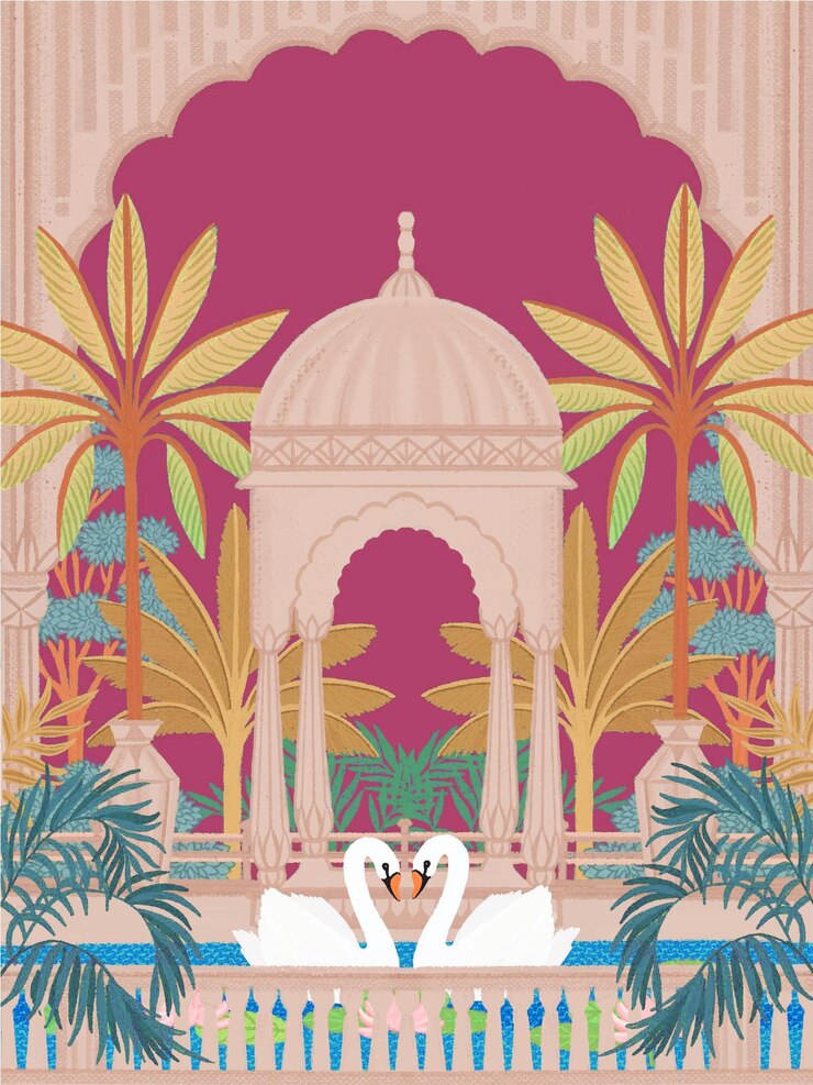 Vettore illustrazione dell'arco del giardino tradizionale mughal ad acquerello