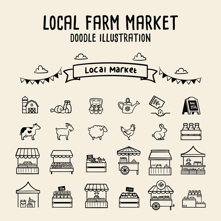 Vettore illustrazione dell'elemento del mercato agricolo locale illustrazione di contorno illustrazione stile doodle illustrazione