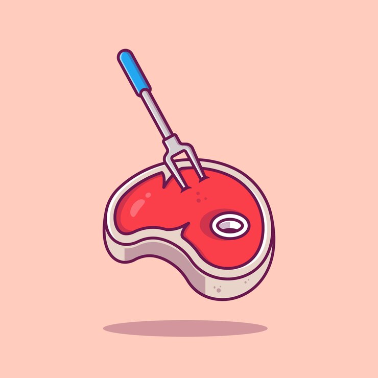 Vettore illustrazione dell'icona di carne sulla forcella. concetto dell'icona di barbacue dell'alimento isolato. stile cartone animato piatto