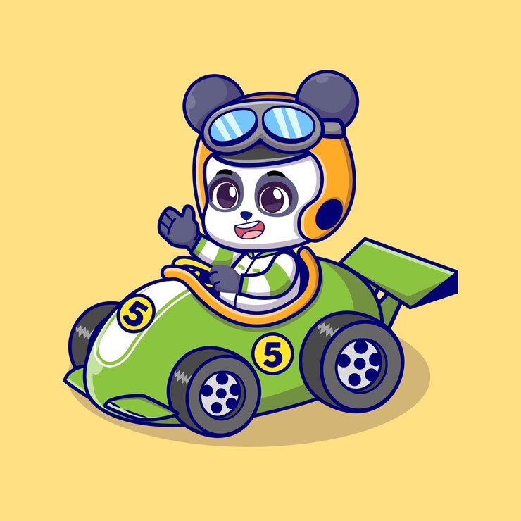 Illustrazione dell'icona di vettore del fumetto dell'automobile da corsa di guida del panda sveglio
