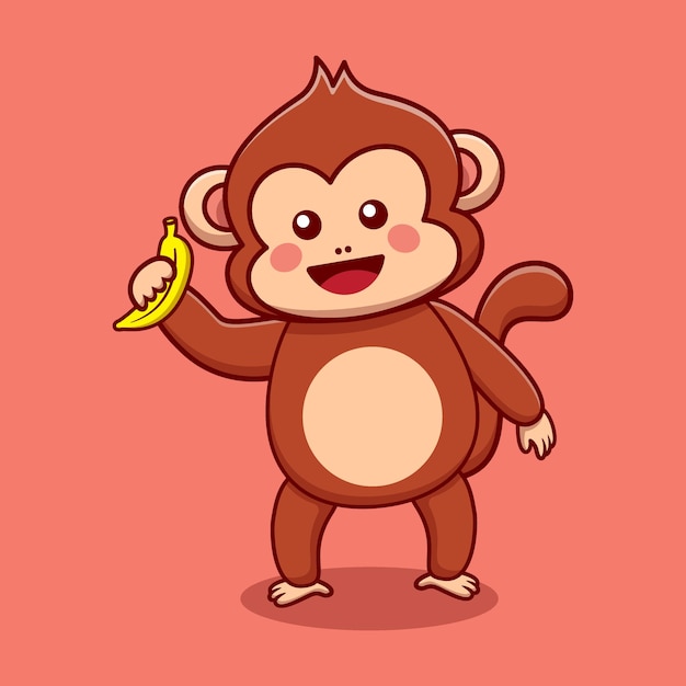 Illustrazione dell'icona vettoriale del cartone animato di banana con scimmia carina Icona animale kawaii