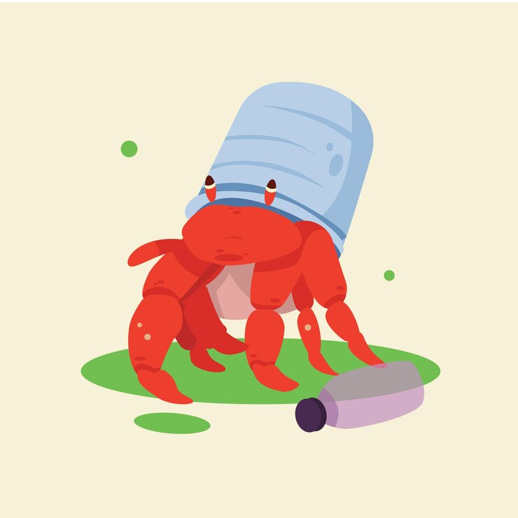Illustrazione dell'inquinamento idrico Granchio incastrato nella plastica