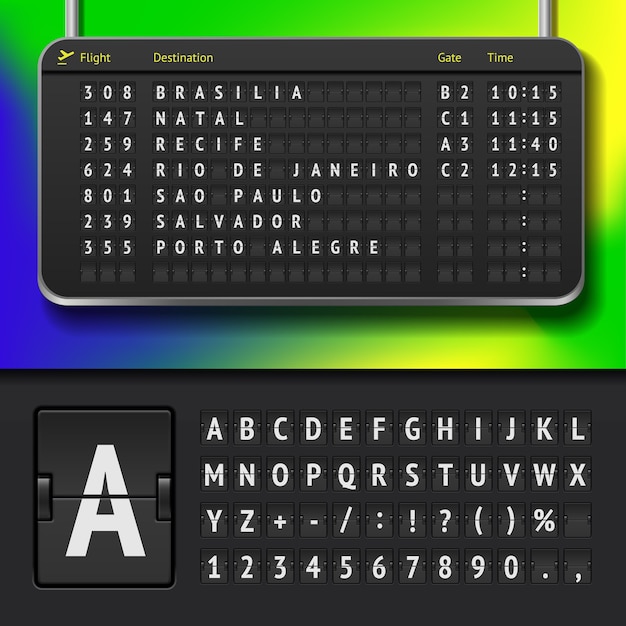illustrazione dell'orario dell'aeroporto con le città brasiliane e l'alfabeto del tabellone segnapunti
