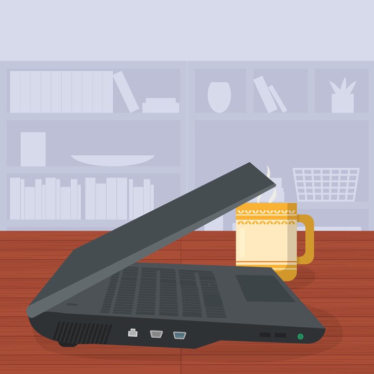 Vettore illustrazione dell'ufficio con laptop e tazza da caffè