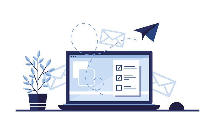 illustrazione della bandiera di email marketing. Posto di lavoro a casa, in ufficio. Il computer portatile. Aeroplano di carta. Modulo di domanda compilato per il sito. Compilazione di documenti. Schermo. Blu.