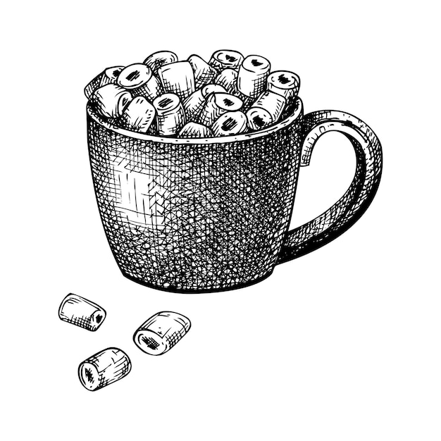 Illustrazione della bevanda invernale Cioccolata calda disegnata a mano con marsh mallows