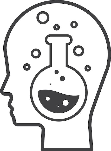 Illustrazione della boccetta del laboratorio di chimica e testa umana in stile minimale