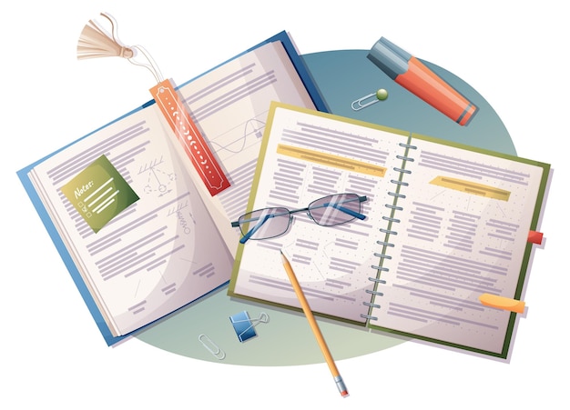 Illustrazione della cancelleria degli occhiali del libro di testo del quaderno scolasticoTorna alle forniture scolastiche per l'istruzione scolastica