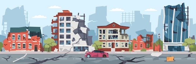 Illustrazione della città di disastro naturale Distruzione del terremoto Paesaggio urbano con strade incrinate e case distrutte Paesaggio urbano in rovina Edifici danneggiati e auto rotta Concetto vettoriale