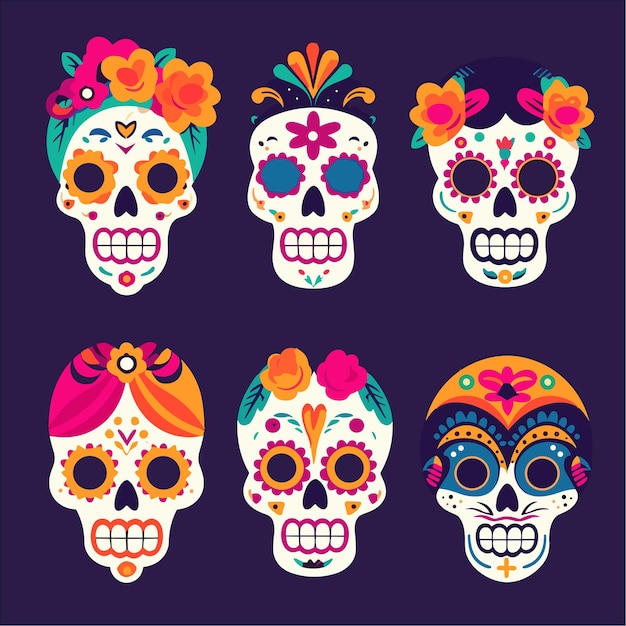 Illustrazione della collezione di teschi piatti dia de muertos