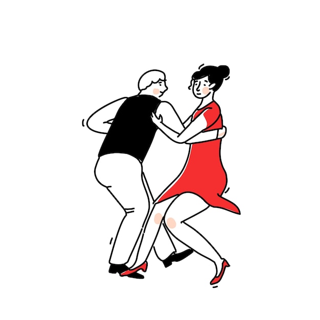 Illustrazione della danza Lindy hop Coppia che si muove in posizione oscillante Divertente segno di festa sociale retrò