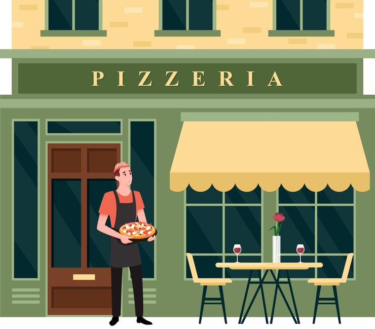 Illustrazione della facciata della strada della città della pizzeria.