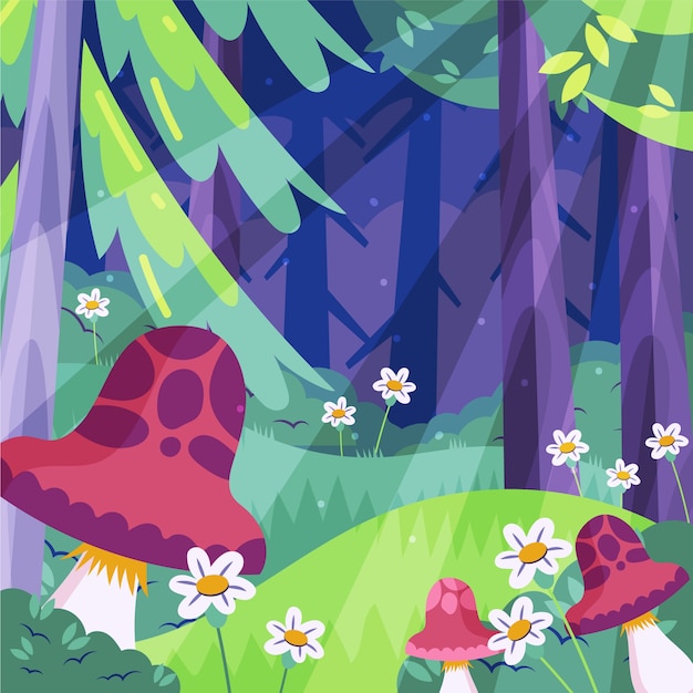 Illustrazione della foresta incantata di design piatto disegnato a mano