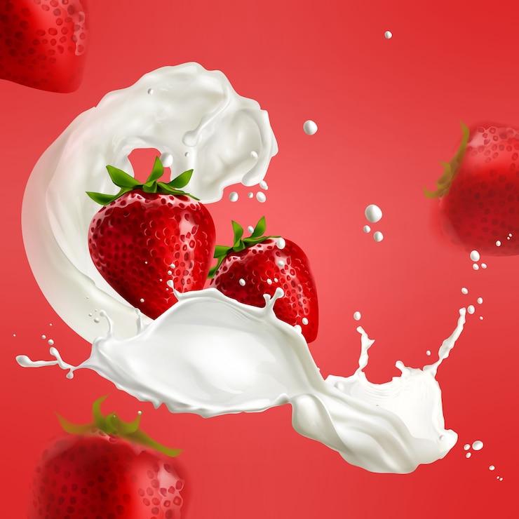 Vettore illustrazione della fragola realistica nella spruzzata di latte su sfondo rosso