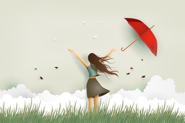 Illustrazione della giornata della donna, bella ragazza divertente e ombrello rosso sul campo.