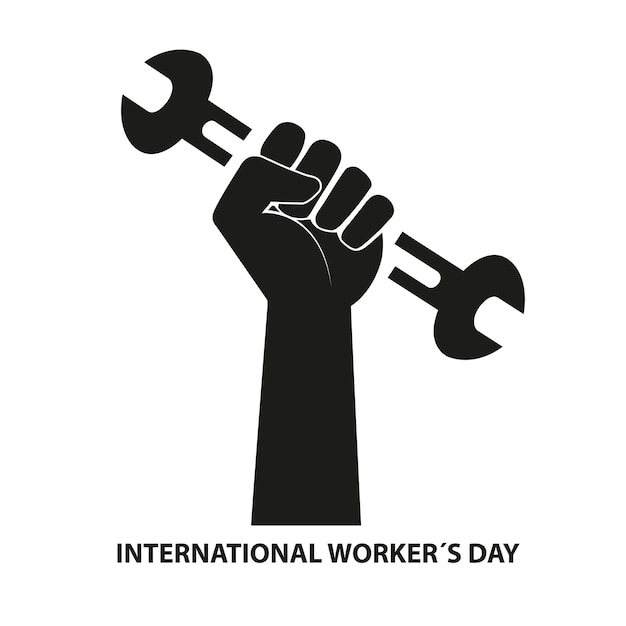 Illustrazione della giornata internazionale dei lavoratori con un pugno che tiene una chiave inglese su sfondo bianco