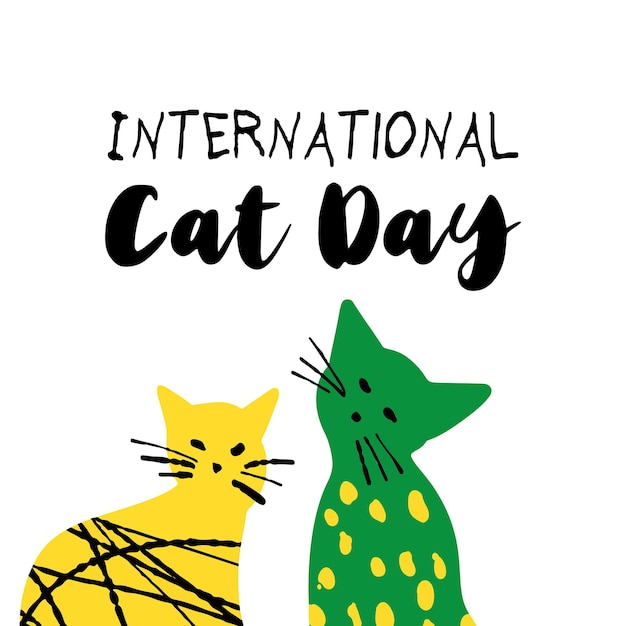 Illustrazione della Giornata internazionale del gatto con simpatici gatti testurizzati di colore verde giallo