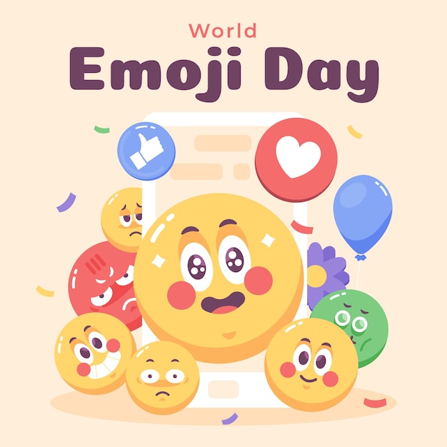 Illustrazione della giornata mondiale degli emoji piatto con emoticon