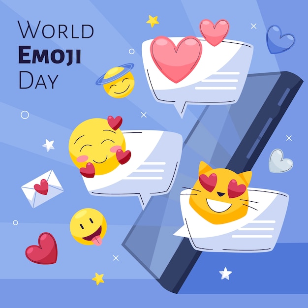 Illustrazione della giornata mondiale degli emoji piatto con smartphone e bolle di chat