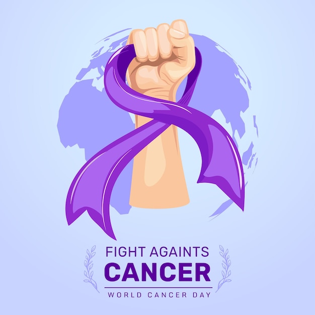 Illustrazione della Giornata Mondiale del Cancro con nastro a mano Combatti la motivazione contro il cancro