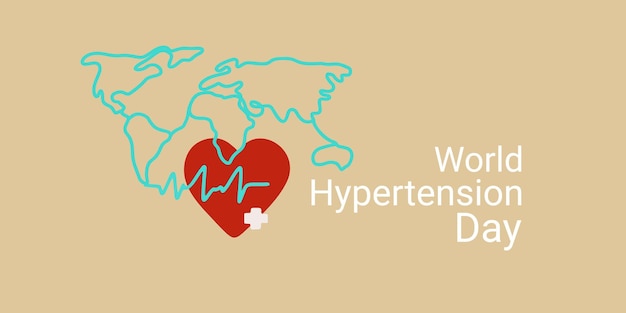 Illustrazione della giornata mondiale dell'ipertensione con il simbolo del cuore e la mappa del mondo in linea arte