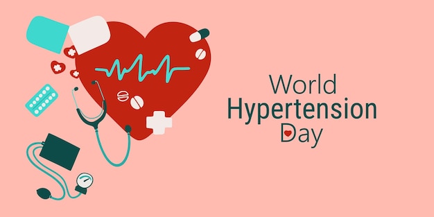 Illustrazione della giornata mondiale dell'ipertensione con il simbolo del cuore e le pillole