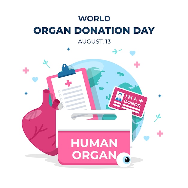 Illustrazione della giornata mondiale della donazione di organi piatta con contenitore di organi