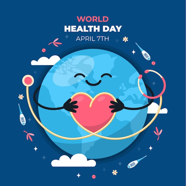 Illustrazione della giornata mondiale della salute con cuore, stetoscopio e pianeta