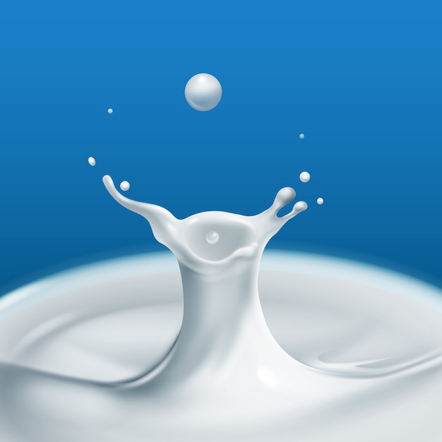 illustrazione della goccia di latte bianco realistico astratto con spruzzi isolato su sfondo blu