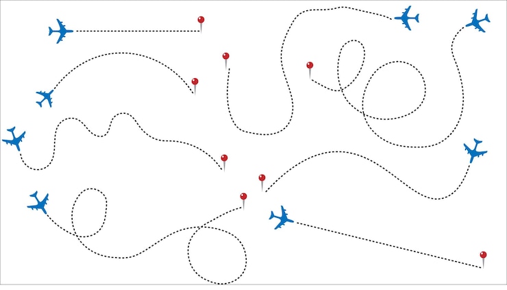 Vettore illustrazione della linea di rotta dell'aereo con traccia di linea illustrazione della rotta razionalizzata dell'aeromobile