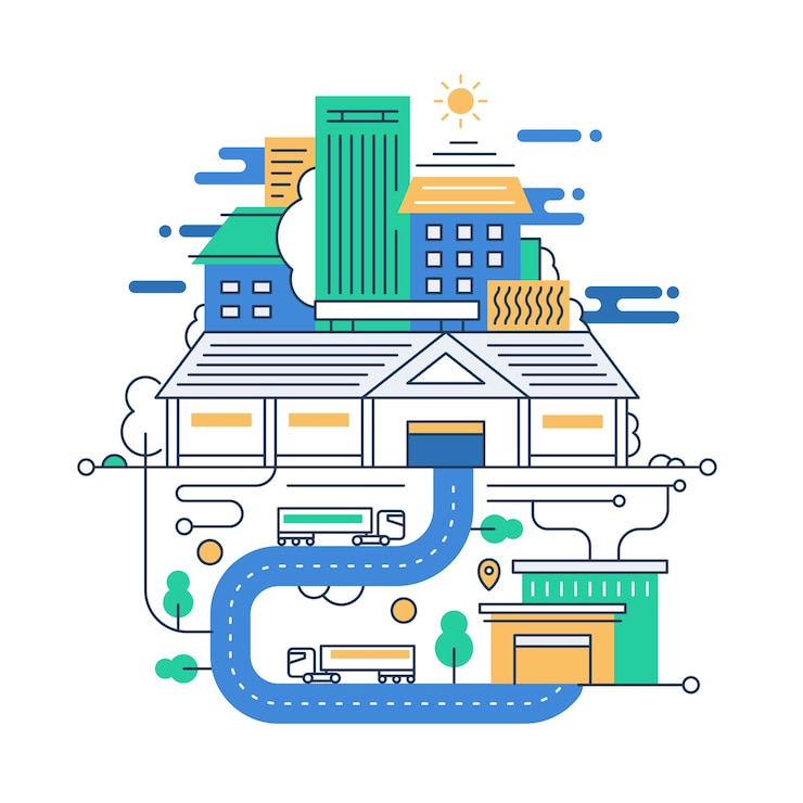 Vettore illustrazione della linea moderna composizione della città con edifici della città e elementi di infographics di paesaggio urbano
