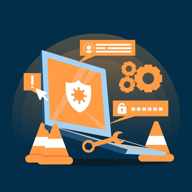 Vettore illustrazione della mano vettoriale computer portatile antivirus per l'aggiornamento della sicurezza informatica
