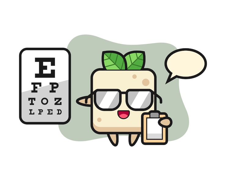 Vettore illustrazione della mascotte del tofu come oftalmologia, design carino stile per t-shirt