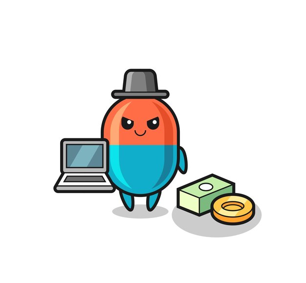 Illustrazione della mascotte della capsula come un design di stile carino hacker per elemento logo adesivo t-shirt