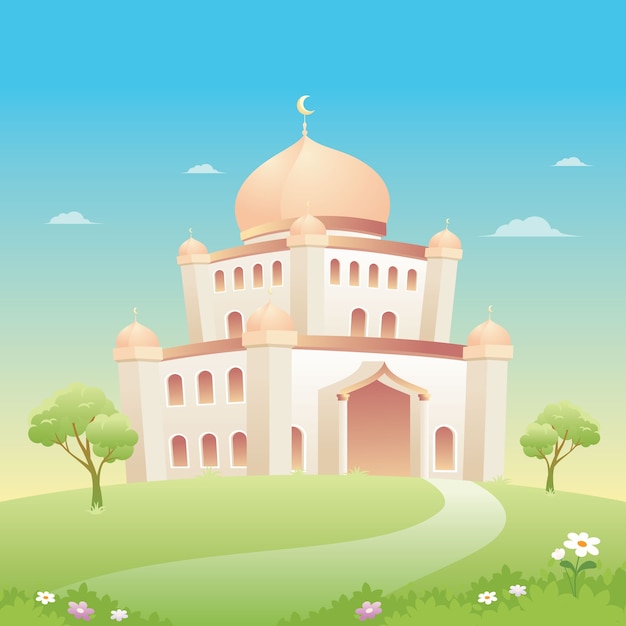 Illustrazione della moschea con il paesaggio della natura