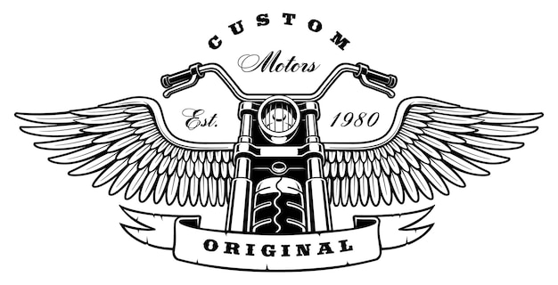 Illustrazione della motocicletta con le ali su sfondo bianco. Il testo è sul livello separato. (VERSIONE SU SFONDO BIANCO)