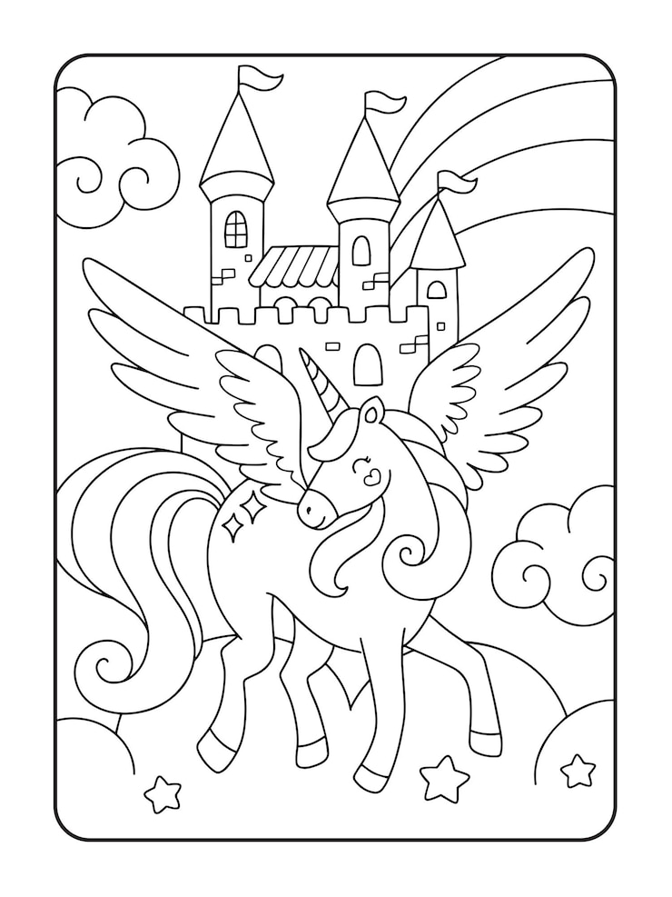 Vettore illustrazione della pagina da colorare di unicorno e castello