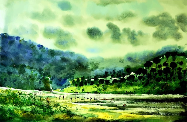 Illustrazione della pittura di paesaggio dell'acquerello della bella natura di vista della montagna e del cielo