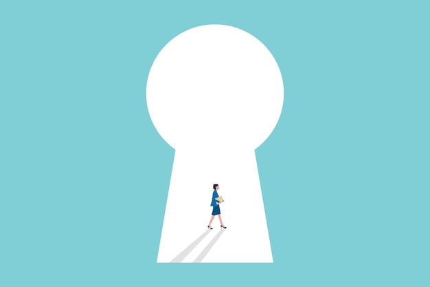 Illustrazione della porta a forma di buco della chiave con il concetto di assunzione di donna d'affari