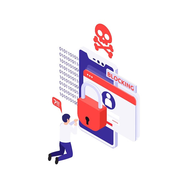 Illustrazione della protezione dei dati con uomo confuso e notifica sul blocco dell'account isometrico