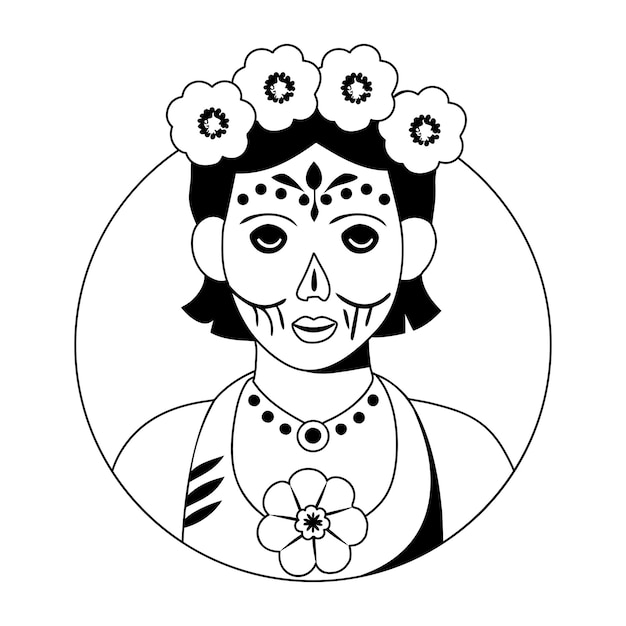 Illustrazione della ragazza calavera messicana in stile glifo
