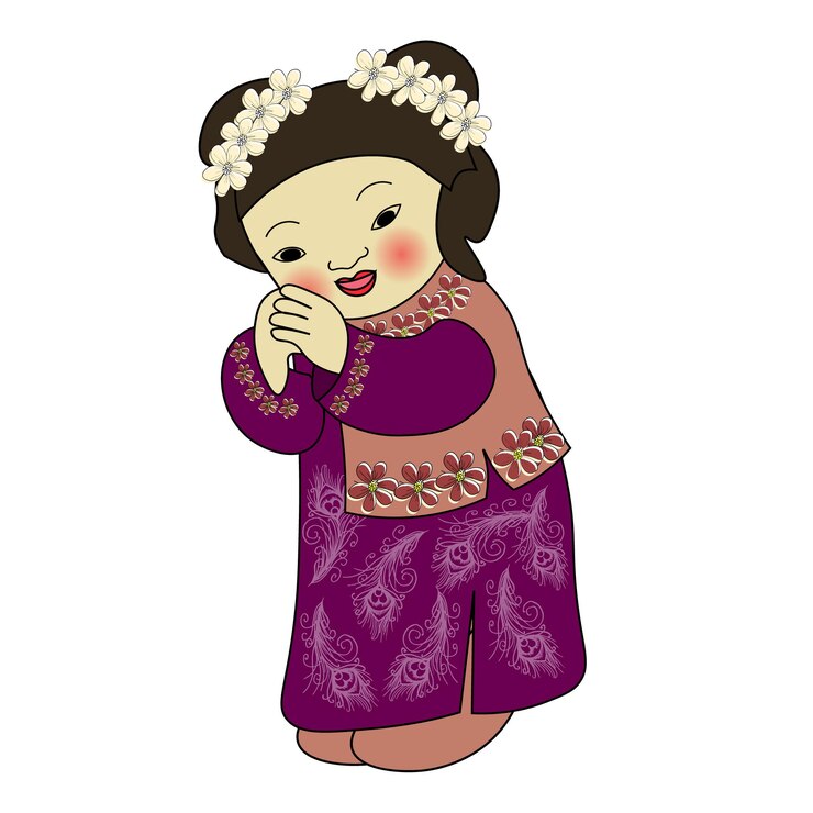 Vettore illustrazione della ragazza cinese carina asiatica in costume nazionale con kimono di fiori