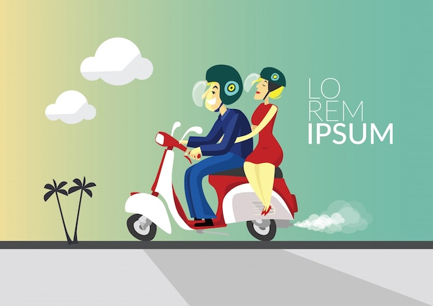 Illustrazione della ragazza e del motociclista con il retro motorino