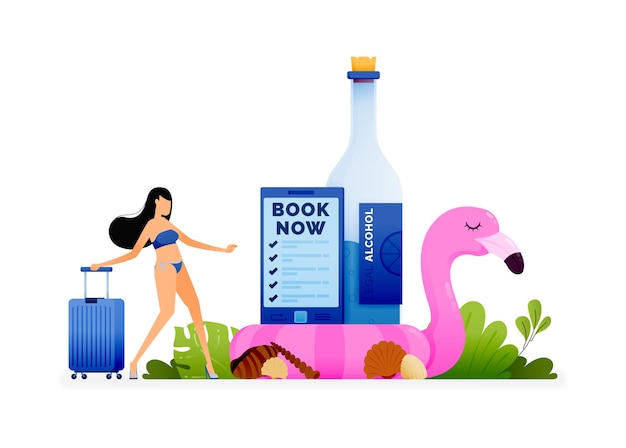 illustrazione della ragazza in costume da bagno che trasporta la valigia e prenota i biglietti per le vacanze estive in spiaggia