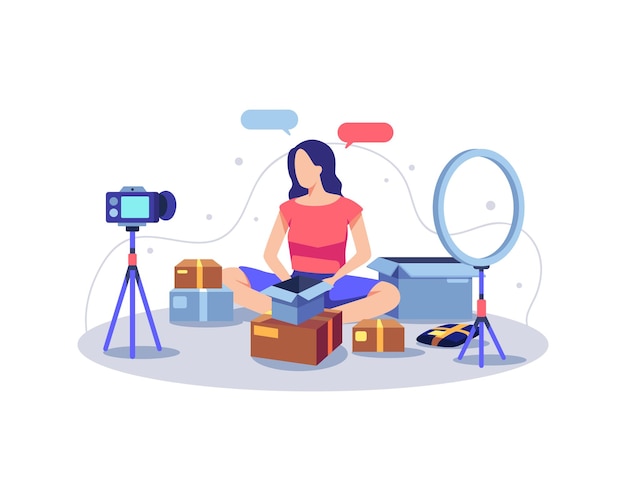 Illustrazione della recensione del prodotto del creatore di contenuti. Unboxing femminile di vlogger e recensione di un prodotto dal vivo su Internet. Illustrazione vettoriale in uno stile piatto