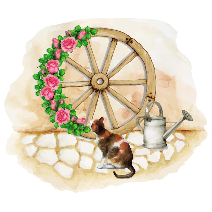 Vettore illustrazione della ruota di legno con fiori e un gatto