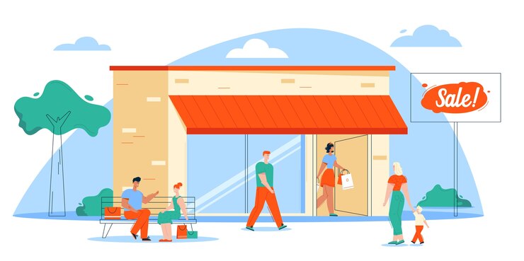 illustrazione della scena dello shopping e degli acquirenti. La ragazza tiene molti acquisti, donna e bambino che camminano. Edificio del negozio, coppia seduta al banco e parlando. Promozione del negozio, vendita al dettaglio, clienti soddisfatti