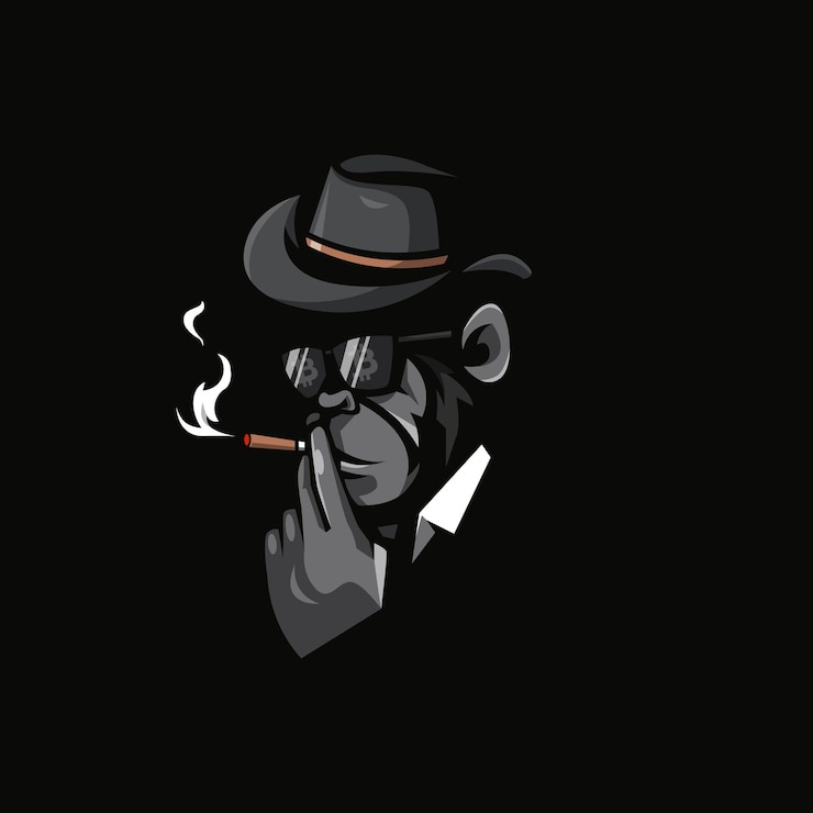 Illustrazione della scimmia che fuma il cappello da cowboy con gli occhiali e la riflessione bitcoin